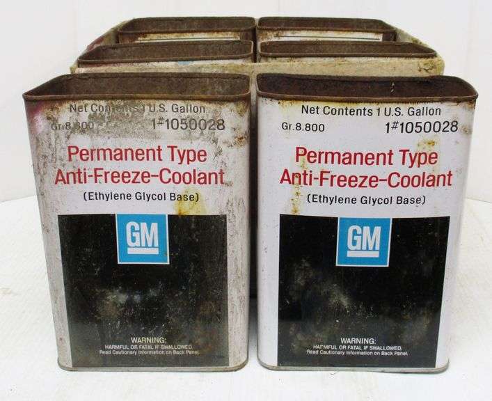 (6) OneGallon GM Antifreeze oil cans, all empty, missing top lids