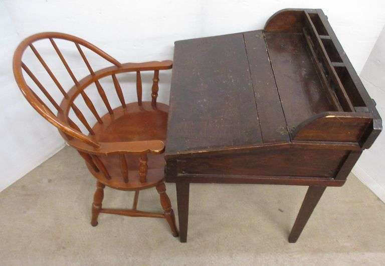Antique childs desk, and a Windsor chair, desk 22"W x 19"D x 25"H