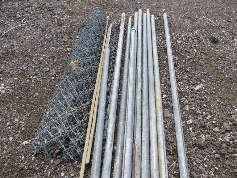 Chain Link fence with accessories, poles 126"L, fence 80'L, used