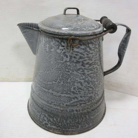 Large older gray graniteware enamelware coffee pot, onegallon, very