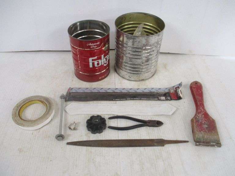 12" x 1/4" drill bit, side cutters, large roll of scotch tape, paint