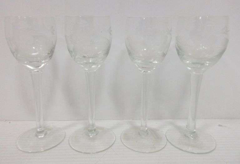 (4) Older etched crystal snifter glasses by Leonardo, floral etchings