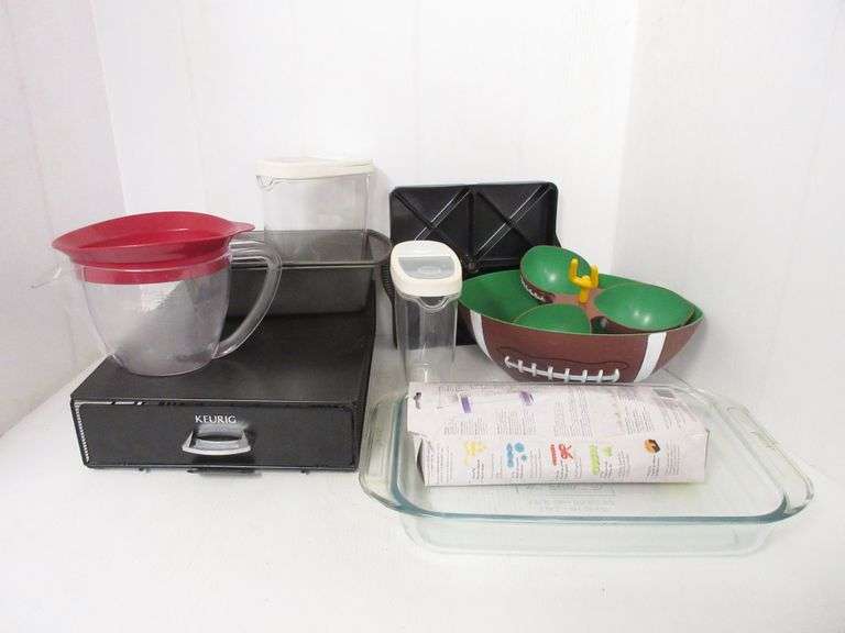 Misc. kitchen box, includes Keurig cup holder, football snack bowl, glass 9" x 13" pan, bread