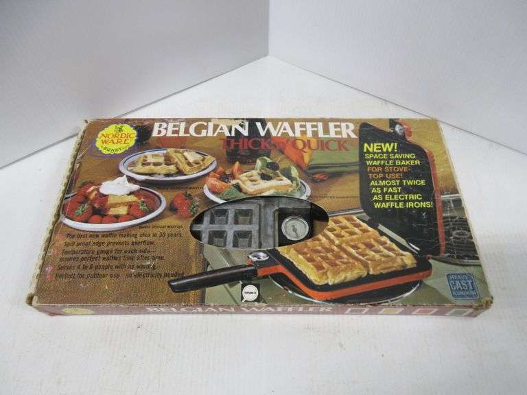 Older Nordic ware Belgian waffle stovetop iron, in original box with