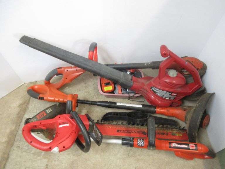 (3) Black & Decker weed whips with batteries and charges; (1) Homelite