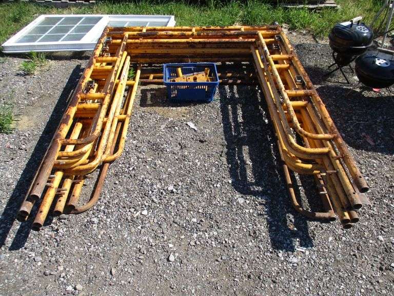 (8) Sections of yellow biljax scaffolding with crate of adaptors and