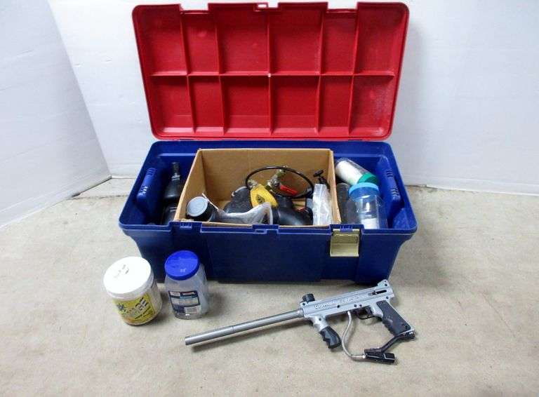 Paintball tank fill station system, paintball equipment in large tote, including Tippmann 98
