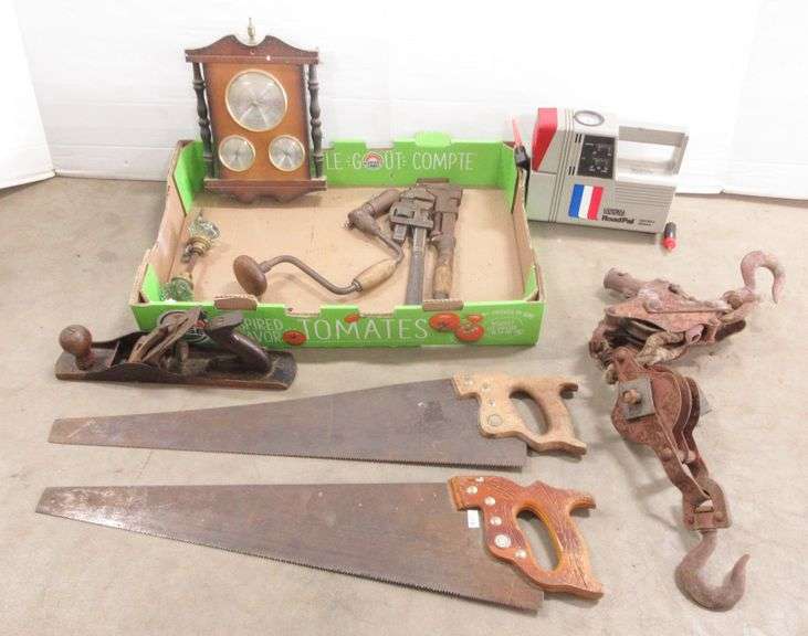 Various old tools, include Glass door knobs, Two finish hand saws