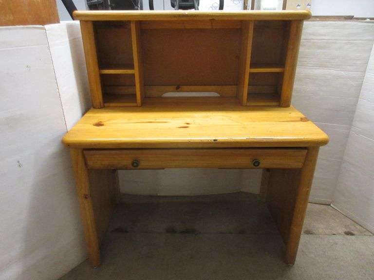 Knotty pine desk, 46"W x 26"D x 50"H, scratches, marks Albrecht