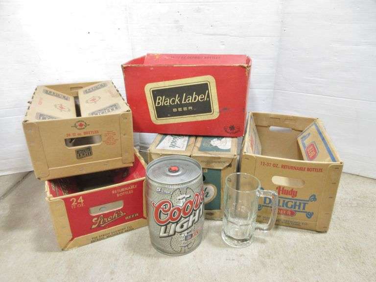 (5) Cardboard beer cases Bosch, Black label, Strohs, black label light