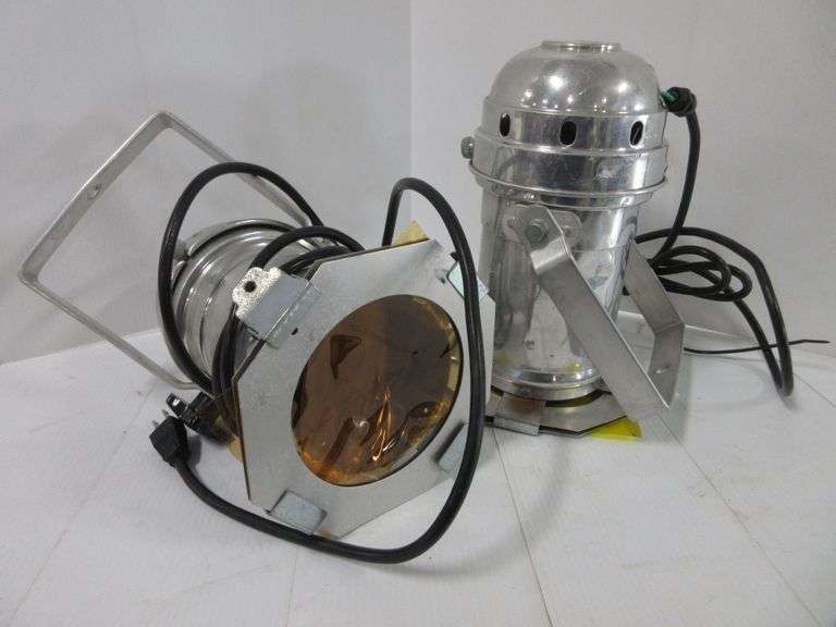 (2) Pair of 46 chrome stage lights with gels and frames, each 12"H, tested, good Albrecht