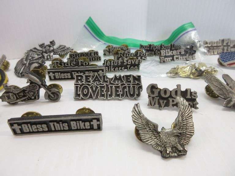 (32) Metal biker vest pins, each one has a different statement, some