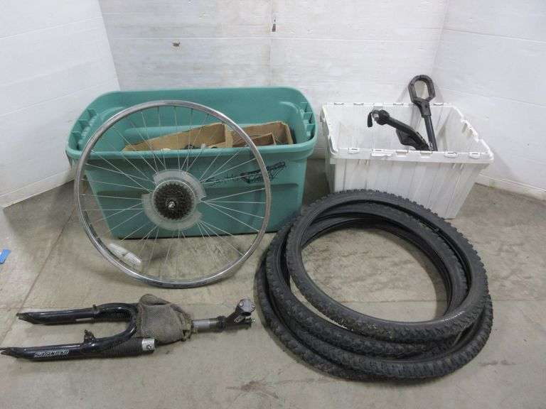(2) Totes of used bicycle parts, includes Several seats, Stands, Cables, Grips, Reflectors