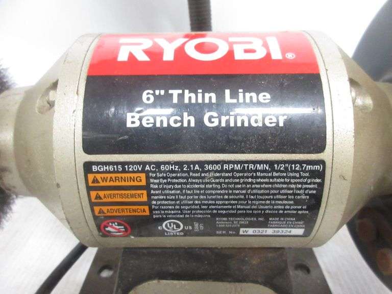 Ryobi 6" thin line bench grinder, 6" grinding wheel, 5" wire wheel, and