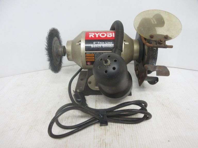 Ryobi 6" thin line bench grinder, 6" grinding wheel, 5" wire wheel, and