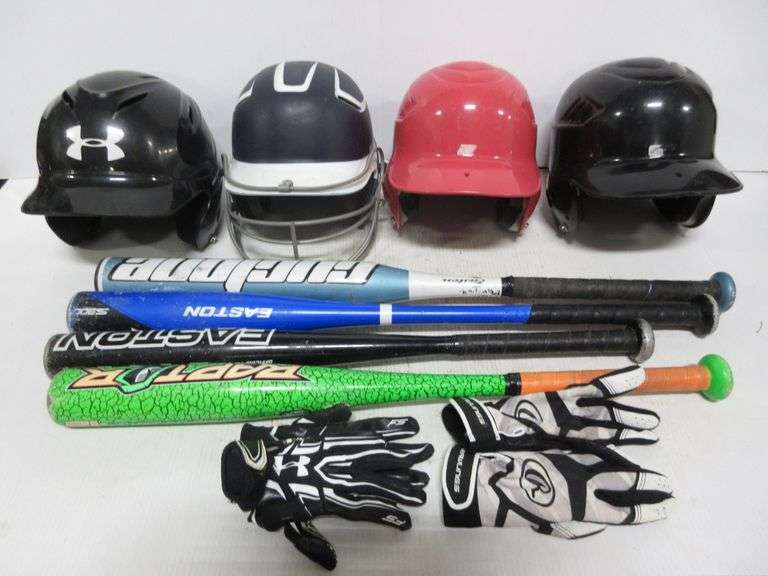 (4) Baseball/softball helmets 1 With face guard; (2) Tball bats