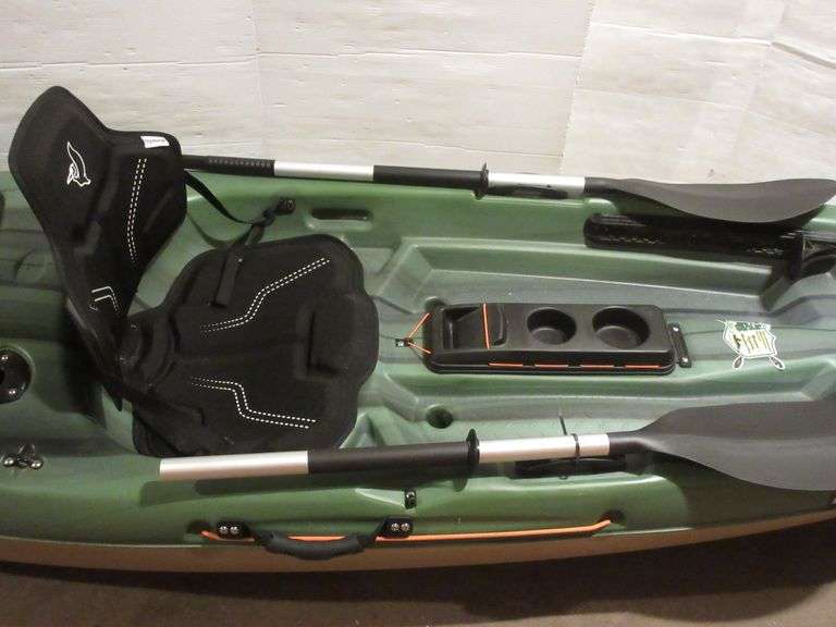 Pelican 10' fishing kayak with two rod holders, drink and cellphone holder, and breakapart