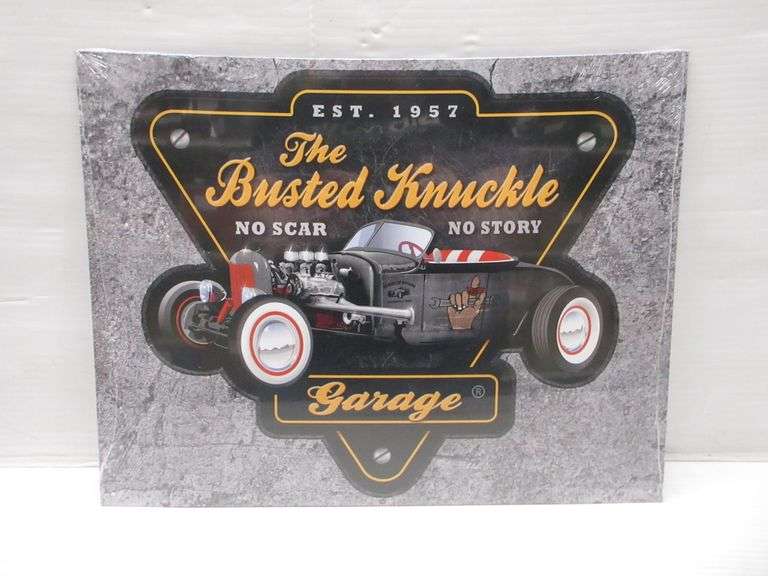 The Busted Knuckle garage modern tin sign, 16'W x 12 1/2"H, U.S made