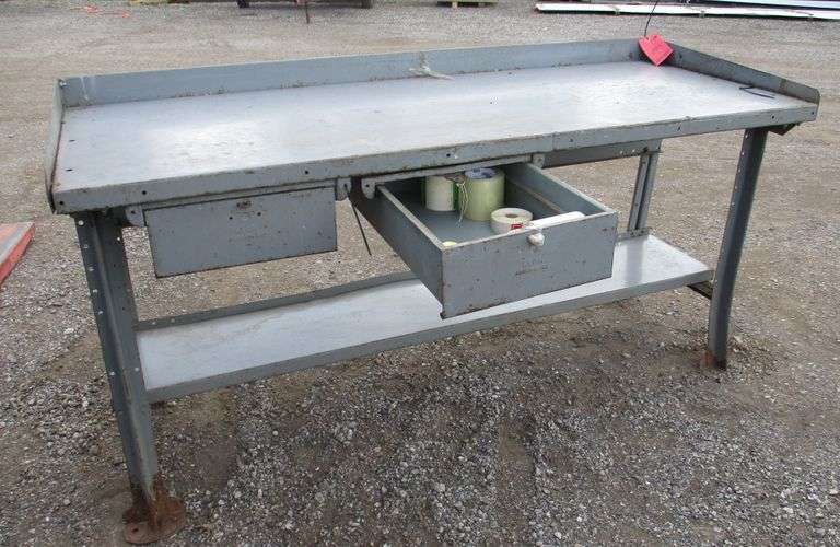 Lyon steel shop table with two drawers, upper shelf, and bottom shelf