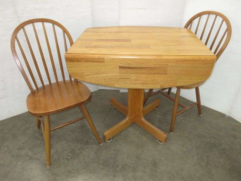 Small oak kitchen table with (2) Chairs, 36"W x 36"D x 30"H, some
