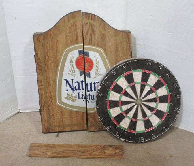 Natural light dartboard with darts, 20"W, bottom needs repair
