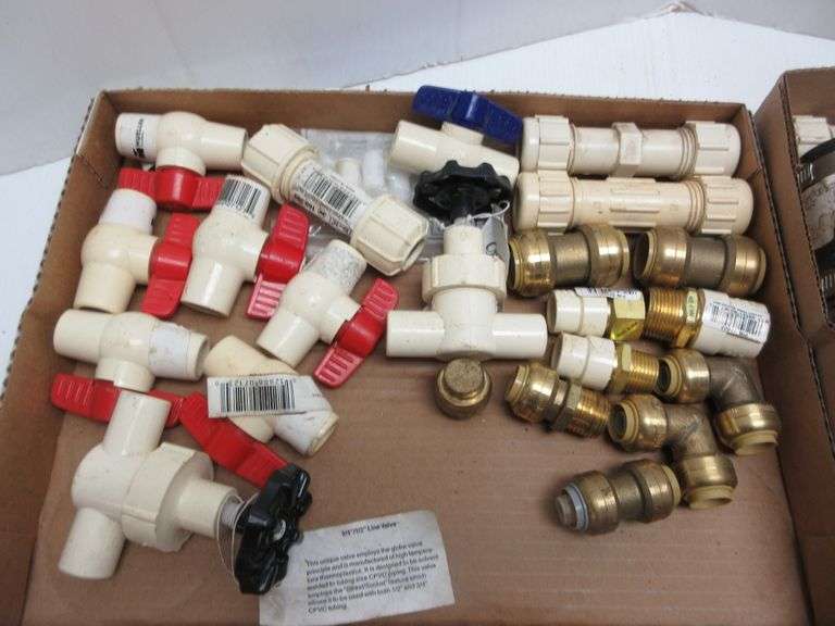 (2) Boxes of misc. plumbing, PVC, and brass fittings, includes 12 PVC
