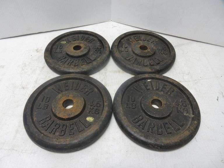 Set of (4) Weider 10 lb. cast iron barbell weights, in great condition