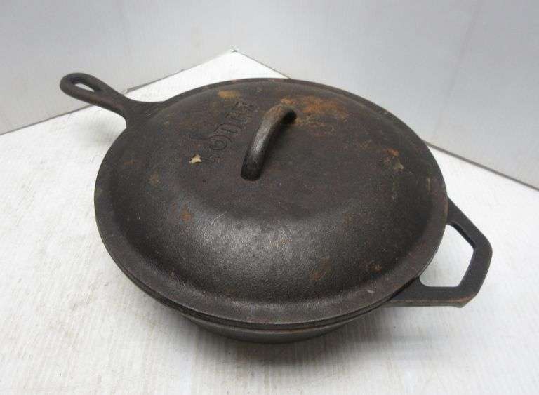 Lodge cast iron deep skillet with lid, No. 8CF, made in USA, needs