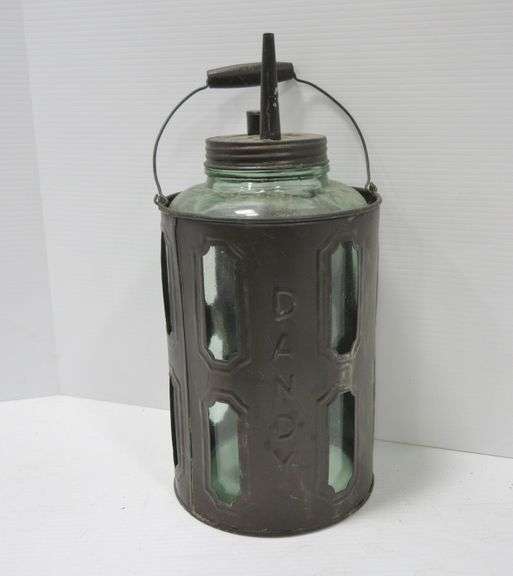 Dandy gallon glass kerosene jug, with carrier, 98"H carrier, nice