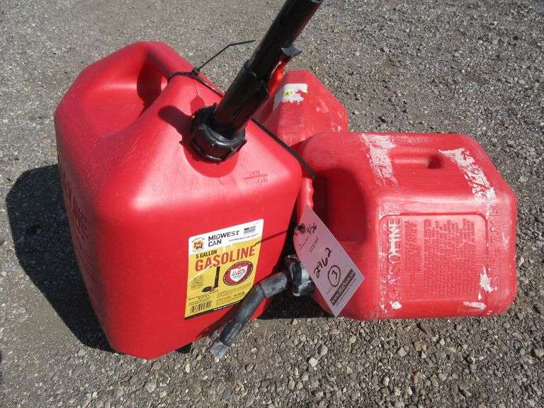 5Gallon gas can, and (2) 2Gallon gas cans Albrecht Auction Service