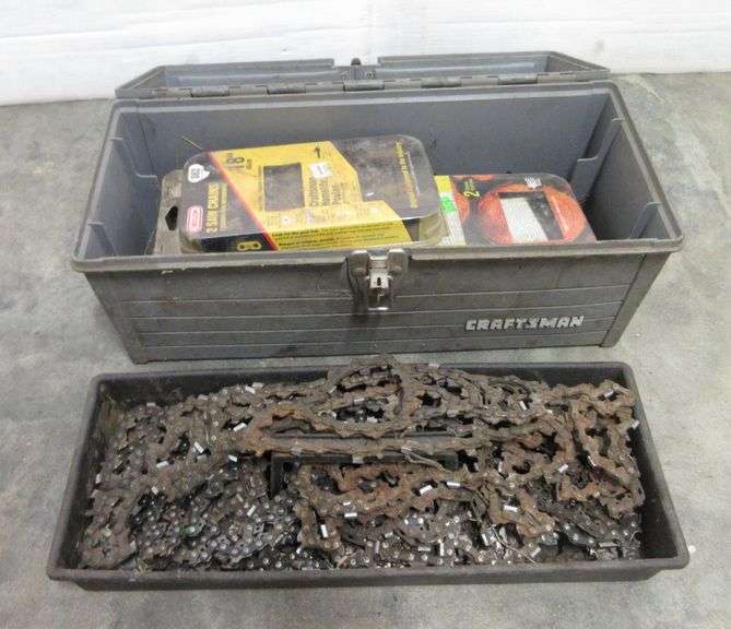 Chainsaw box with extra chains, files, bar oilers, and some tools, 16"W