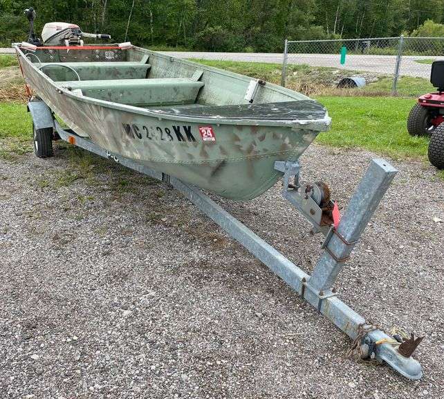 14' Aluminum boat with trailer, a 9.5 HP Johnson, and a Minn Kota