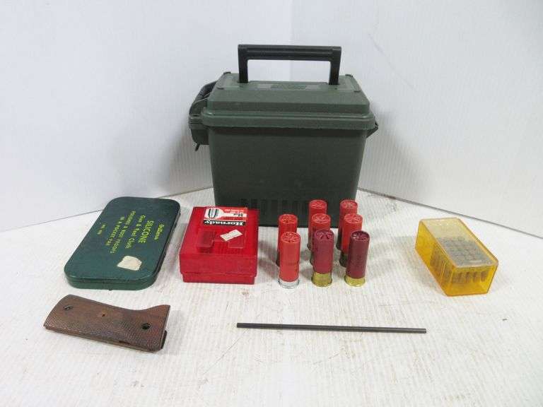 Ammo box with 54 cal ML bullets, Silicone gun cloth, (8) 12 gauge