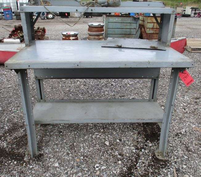 Lyon steel shop table with upper shelf and lower shelf, 48"W x 28"D x
