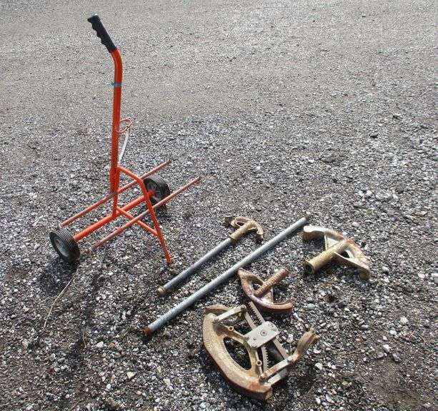 Conduit pipe benders and wire spool storage cart, all used Albrecht