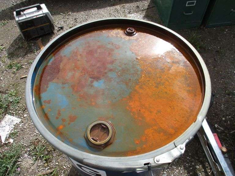 Blue 55gallon steel barrel with removable lockable lid, 2'W x 35"H