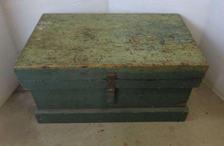 Wood tool storage box previously used by a factory millwright, 33"W x