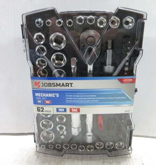 Jobsmart 62Piece mechanics tool set, MM and SAE, in a tool organizer