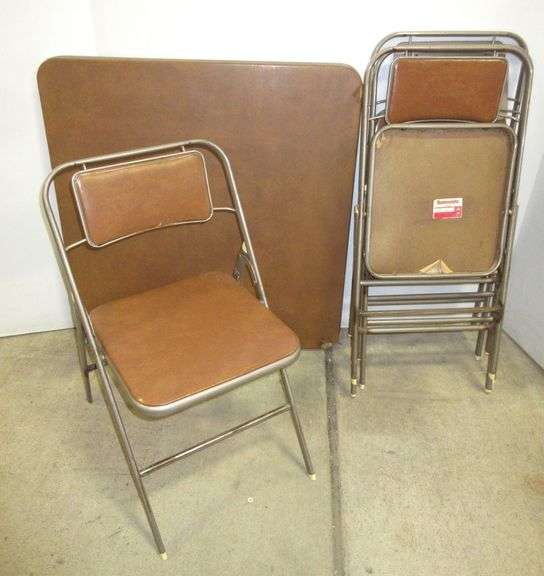 Brown card table set, includes (4) Chairs, some rewelded, table 33"W