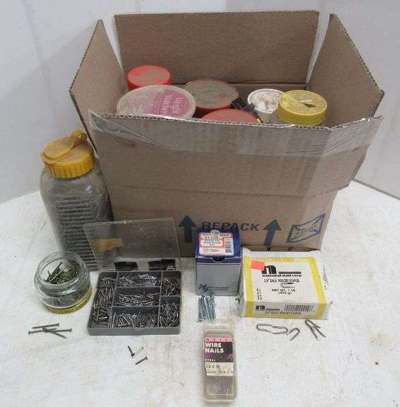 Box of hardware, nails in containers, good Albrecht Auction Service