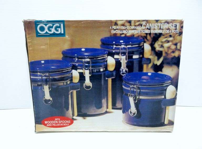Oggi 4Piece Airtight Ceramic Canister Set, with wooden spoons, NOS