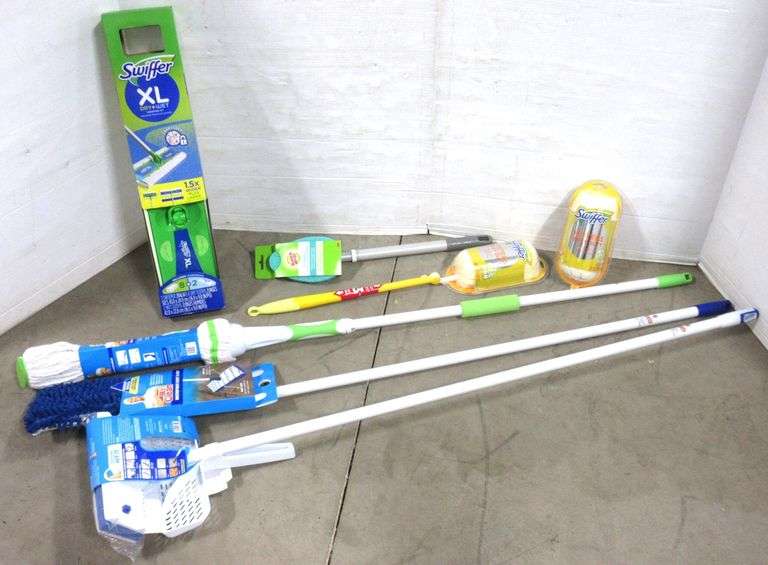 Various cleaning items, includes Swiffer duster with refill