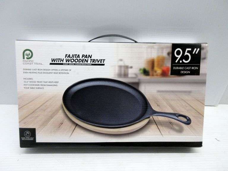 Pacific Coast Trail cast iron fajita pan with wooden trivet, 9 1/2