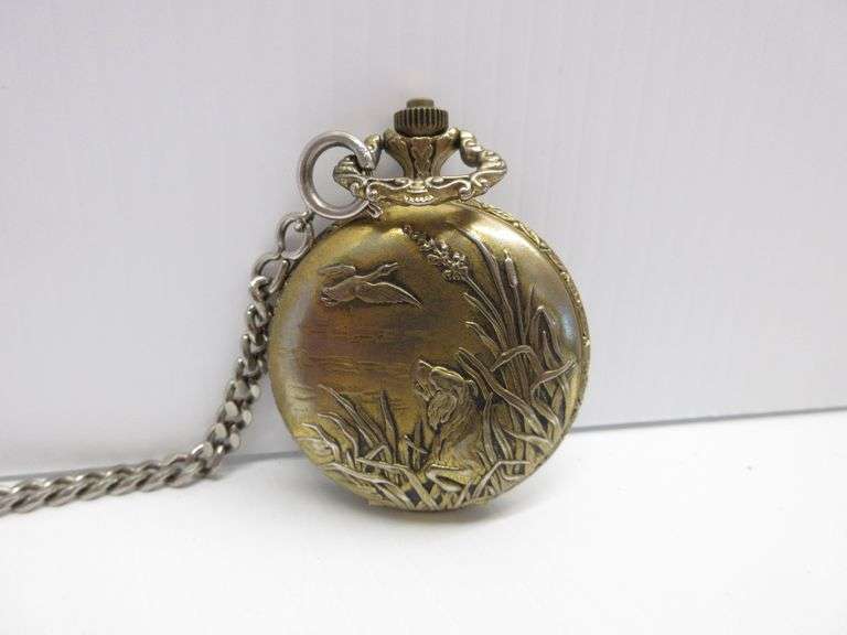 John Deere pocket knife, 3 1/2"L, closed; Hunting themed pocket watch; Rifle pen set Albrecht