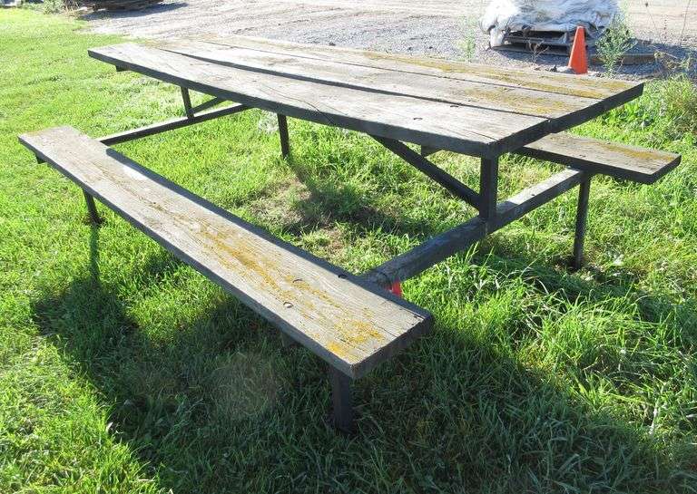 Heavy angle iron and wood picnic table, full planks, treated with