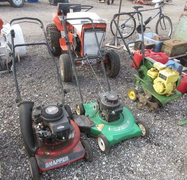 Snapper 5HP push mower, Rally 20" push mower, and John Deere rototiller