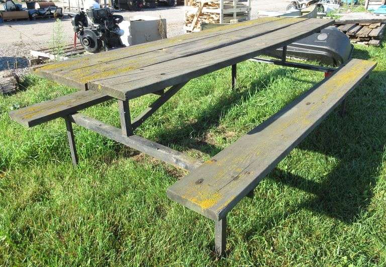 Heavy angle iron and wood picnic table, full planks, treated with