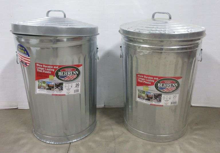 (2) Behrens 20gallon galvanized garbage cans with lids, new Albrecht