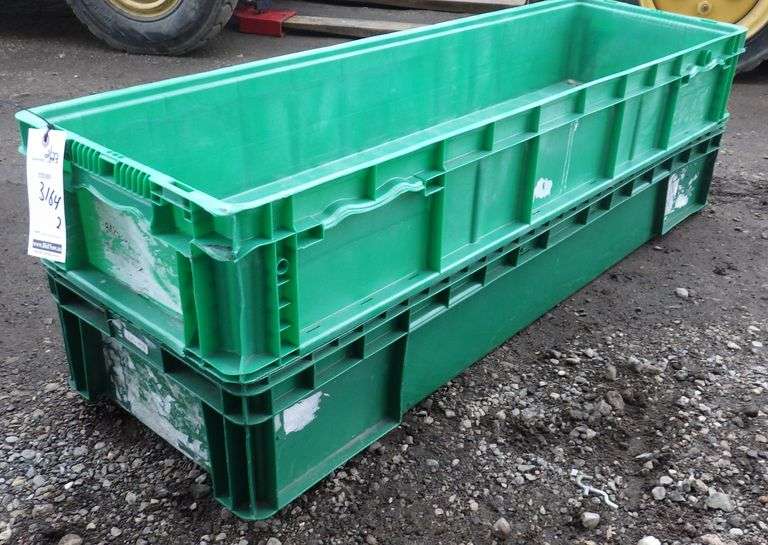 (2) Heavy duty stackable green bins, 47" x 14 1/2" x 7" Albrecht