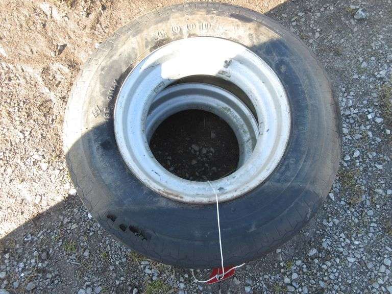 (2) Trailer tires and wheels, open centers, 7 x 14.5, good Albrecht